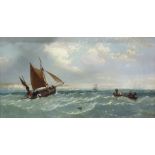 James Meadow Senior Pair oils on board Seascapes with sailing vessels, one with white cliffs, 28.5 x