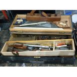 Carpenter's wooden tool chest and contents to include two saws, wooden jack plane, various