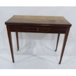 19th century mahogany tea table, the fold-over top above single drawer, on reeded tapering supports,