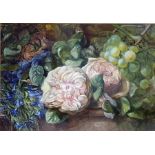 20th century school Watercolour drawing  Still life study of roses and fruits, unsigned, 17cm x 24cm
