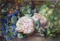 20th century school Watercolour drawing  Still life study of roses and fruits, unsigned, 17cm x 24cm