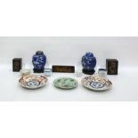 Pair Chinese porcelain ginger jars and covers, two Imari wavy-bordered plates, Chinese Canton