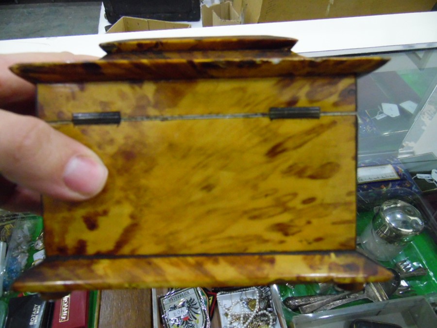 Tortoiseshell two-section tea caddy with bowfront, raised on bun feet  Condition Reportchips and - Image 9 of 12