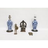 Two similar Chinese porcelain blue and white baluster vases mounted as lamps, four-character