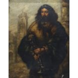 Unattributed (19th century)  Oil on canvas Continental bearded figure with bagpipes, buildings in