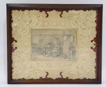 19th century school Pencil drawing Cottage interior, unsigned, in embossed card mount  Hand drawn