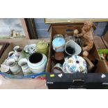 Two boxes of mixed ceramics principally mid-century style including cups, vases, coffee pot and a
