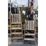 Two wooden decorator's well used step ladders, one is 3-rung with platform height of 76cm and the