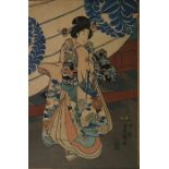 Pair of Japanese woodblock colour prints after Toyokuni, each of a courtesan in embroidered robe, in