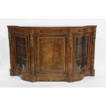 Victorian burr walnut serpentine-fronted credenza with satinwood banding, the shaped top above brass