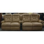 Two two-seaters sofas and a single armchair by Sherborne in pale brown button-back leather