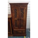 Modern Eastern hardwood sideboard with three central drawers flanked by latticework fronted single