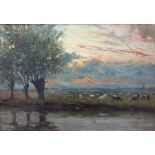 W H Adams Oil on canvas  Sunset river scene with cattle, willow trees, windmill in the background.