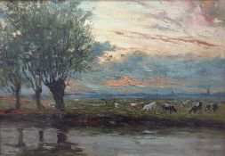 W H Adams Oil on canvas  Sunset river scene with cattle, willow trees, windmill in the background.