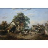 G Lara (Fl. 1862 - 1871) Oil on canvas "Village Life", cottages, with figures, horses and other