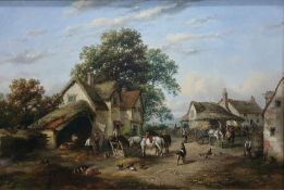G Lara (Fl. 1862 - 1871) Oil on canvas "Village Life", cottages, with figures, horses and other