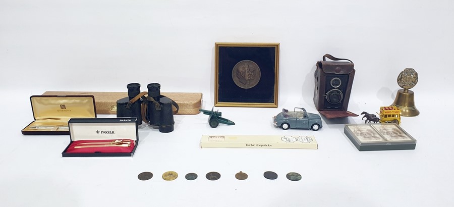 Box Brownie camera, a Kodak camera, a framed medal commemorating the Prince and Princess of Wales