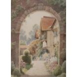 Herbert George Watercolour drawing Timber framed house seen through a stone archway, signed lower
