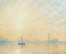 Derek Hare oil on canvas Approaching Canary Wharf, sailing boats on the Thames, sunset behind London