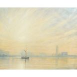 Derek Hare oil on canvas Approaching Canary Wharf, sailing boats on the Thames, sunset behind London