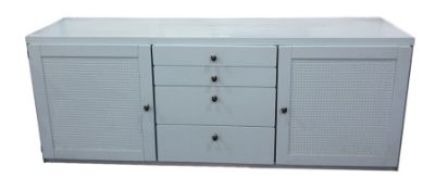 20th century sideboard of four central drawers flanked by cupboard doors, painted duck-egg blue,