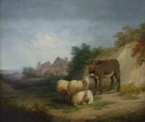 Unattributed (19th century school) Oil on canvas Sheep and donkey with timber-framed house in