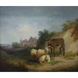 Unattributed (19th century school) Oil on canvas Sheep and donkey with timber-framed house in