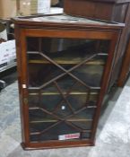 Mahogany wall hanging corner cupboard, astragal glazed door enclosing shelves  92 h x 62