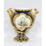 English porcelain blue ground two-handled rocaille moulded vase, mid 19th century, painted with