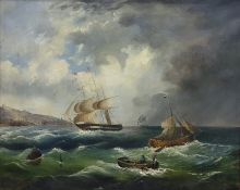 Unattributed (19th century school)  Oil on canvas Sailing vessels in stormy sea with rowing boat