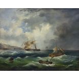 Unattributed (19th century school)  Oil on canvas Sailing vessels in stormy sea with rowing boat
