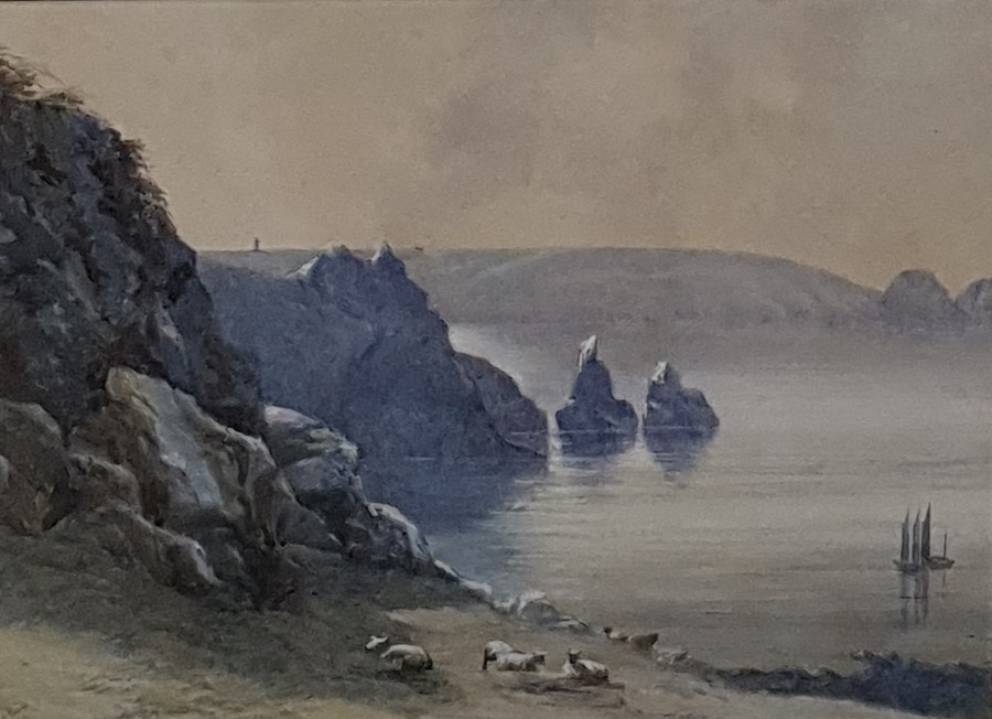 A B Charles (?) Watercolour drawing 19th century school, coastal scene with sheep to foreground