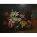 Edwin Steele  Pair of oils  Still life studies of foliate and fruit arrangements, each signed, 42c