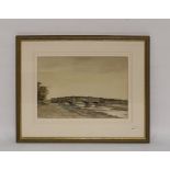 W Howe (20th century) Watercolour drawing Three-arched bridge over river, signed lower left, 19 x