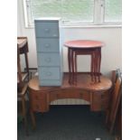 Furniture to include narrow chest of blue painted drawers, two oak tea trolleys, nest of tables