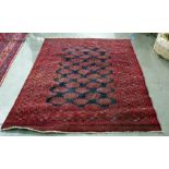 Bokhara type rug with black ground central field, decorated with hooked elephant foot guls, on a