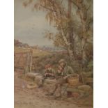 Thomas Bushby (1861-1918) Watercolour drawing Country scene, man and boy resting on country wall