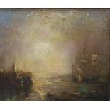 In the manner of James Mallord William Turner R.A. Oil on canvas Moonlight coastal scene with