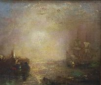 In the manner of James Mallord William Turner R.A. Oil on canvas Moonlight coastal scene with