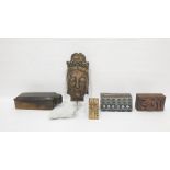 Carved wooden head of an Indonesian-style God, a wooden box with two compartments and swing lid, a