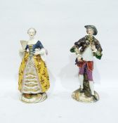 Pair Stephenson & Hancock Derby porcelain figures of lady and gentleman, the lady holding a fan