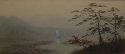 Kiwasaki (?) Watercolour heightened in white Sailing ship on river, signed lower right, 14.5 x 30.