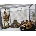 One box containing several Venetian style masks etc. together with faux bronze lamp base and tiffany
