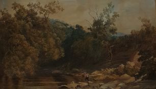 Unattributed 19th century watercolour drawing, Fishermen flyfishing by rocky river's edge with