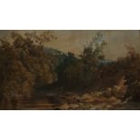 Unattributed 19th century watercolour drawing, Fishermen flyfishing by rocky river's edge with