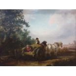 Unattributed (19th century)  Oil on canvas Rural scene, family in cart with horses in wooded lane 29