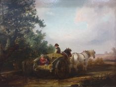 Unattributed (19th century)  Oil on canvas Rural scene, family in cart with horses in wooded lane 29