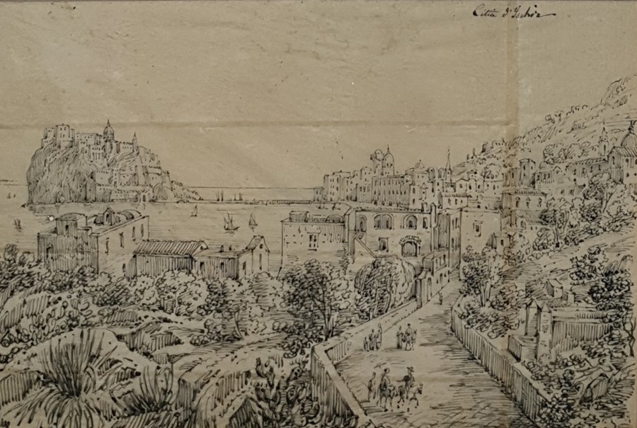 Antonio Senape (1788-1850) Pair pen and ink drawings " Cittia D'Ischia... and Castello D'Ischia'' - Image 2 of 4