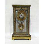 19th century French brass and enamel mantel clock in four glass sided case, the dial with Arabic