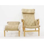 Bruno Mathsson chair by DUX, light bentwood and button-back upholstery and matching scrolled